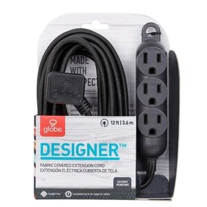 Globe Fabric 12' Fabric Covered Designer Extension Cord 3 Outlet Black